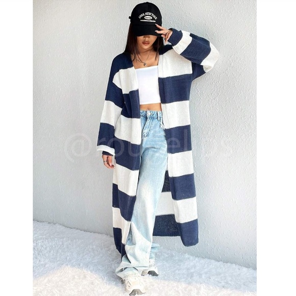 Striped White Navy Long Duster Knit Cardigan Open - Picture 2 of 8